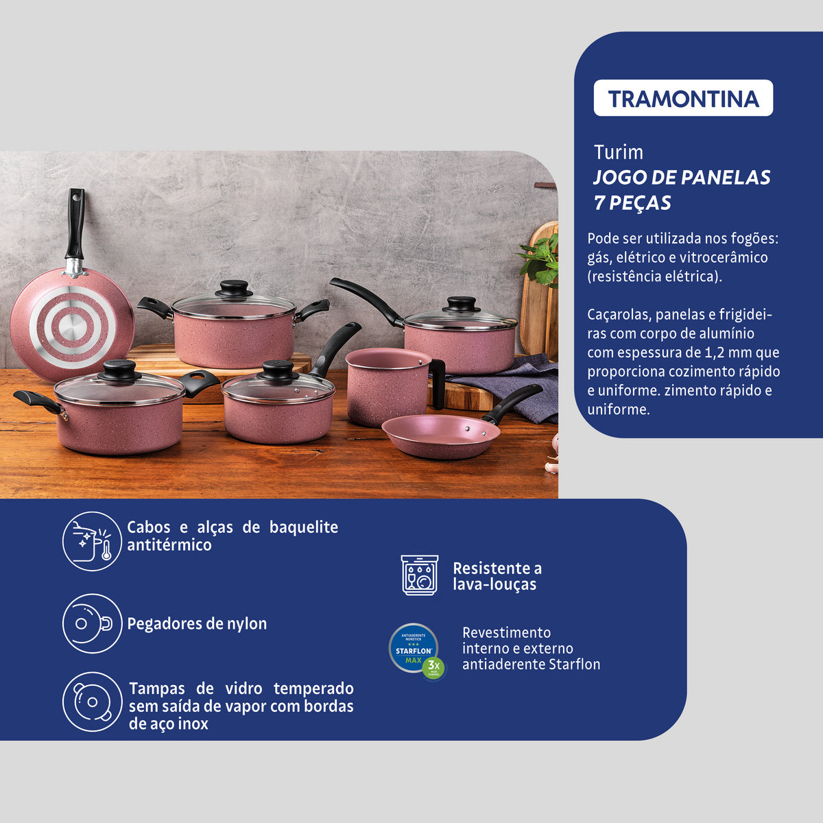 Jogo de Panelas Tramontina Turim em Alumínio com Revestimento Interno e Externo em Antiaderente Starflon Max Rosa 07 Peças - Imagem 2