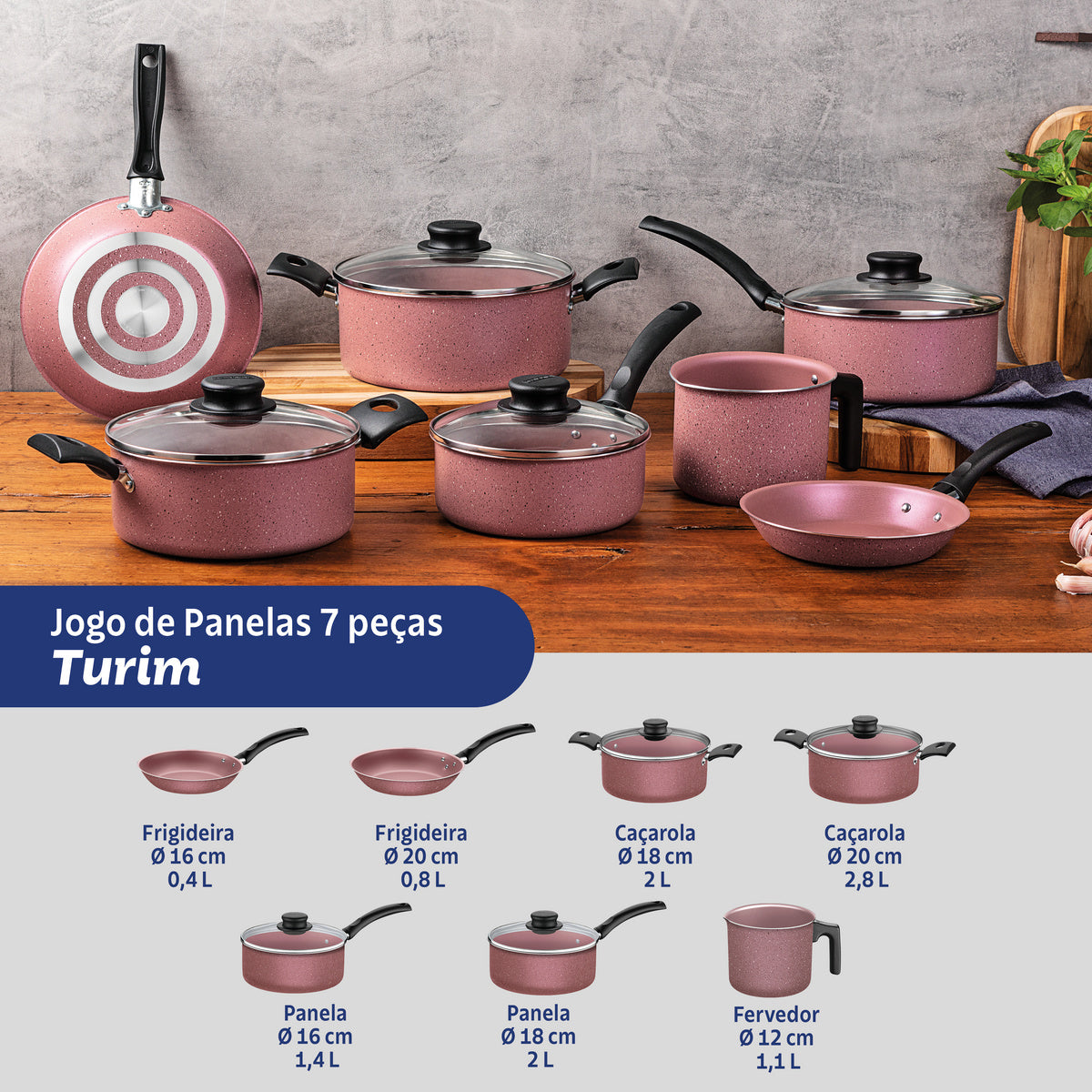 Jogo de Panelas Tramontina Turim em Alumínio com Revestimento Interno e Externo em Antiaderente Starflon Max Rosa 07 Peças - Imagem 3