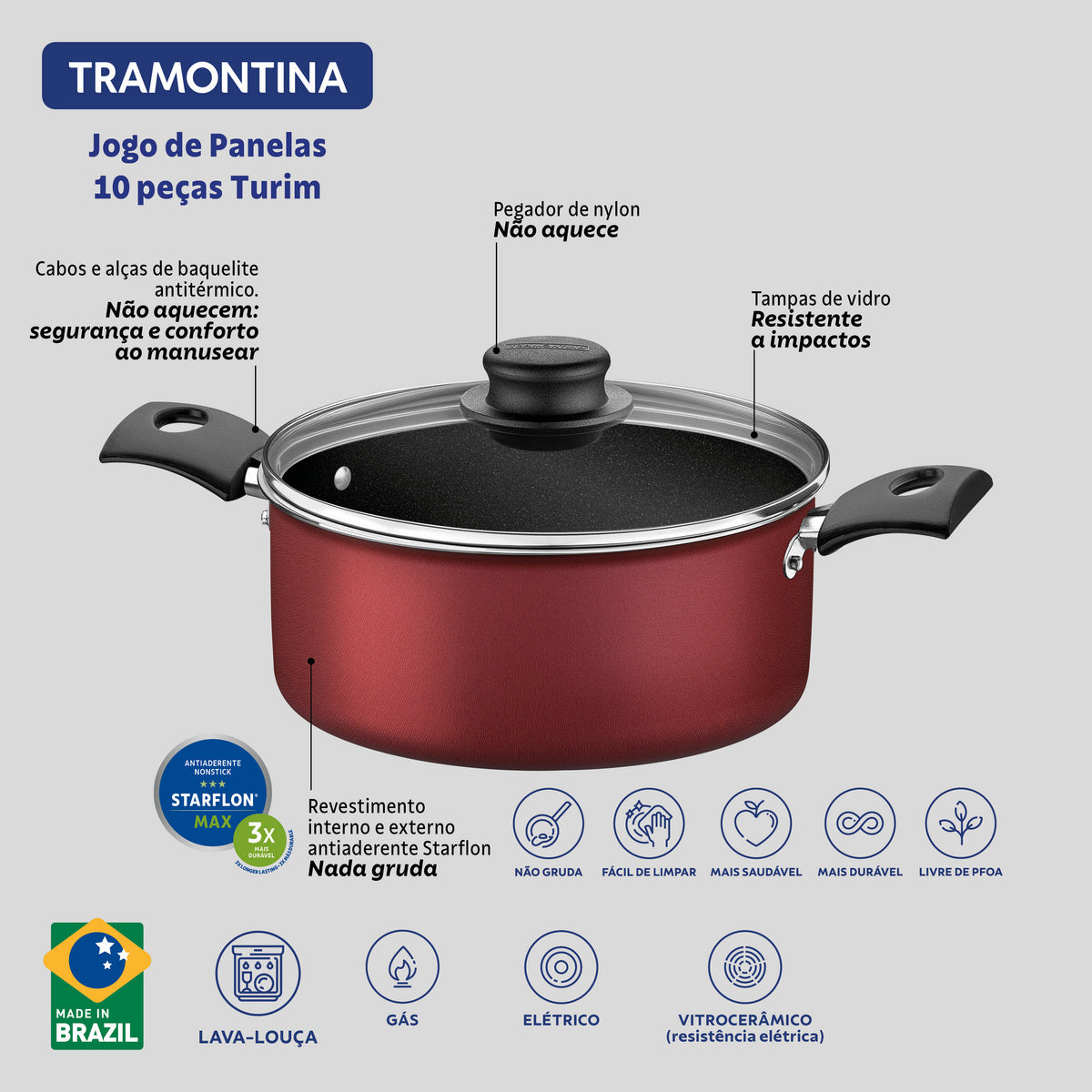 Jogo de Panelas Tramontina Turim em Alumínio com Revestimento Interno e Externo em Antiaderente Starflon Max Vermelho 10 Peças - Imagem 3