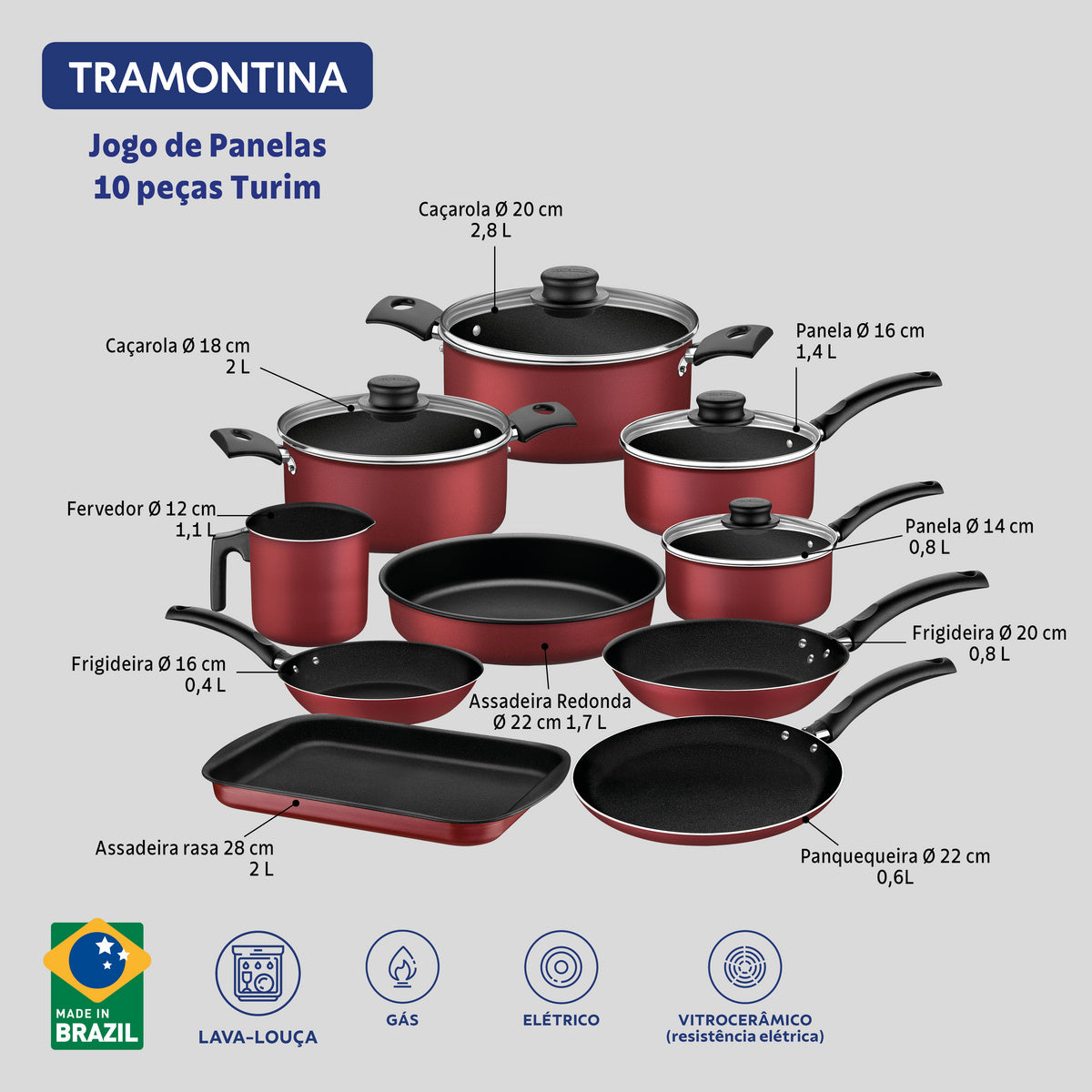 Jogo de Panelas Tramontina Turim em Alumínio com Revestimento Interno e Externo em Antiaderente Starflon Max Vermelho 10 Peças - Imagem 2