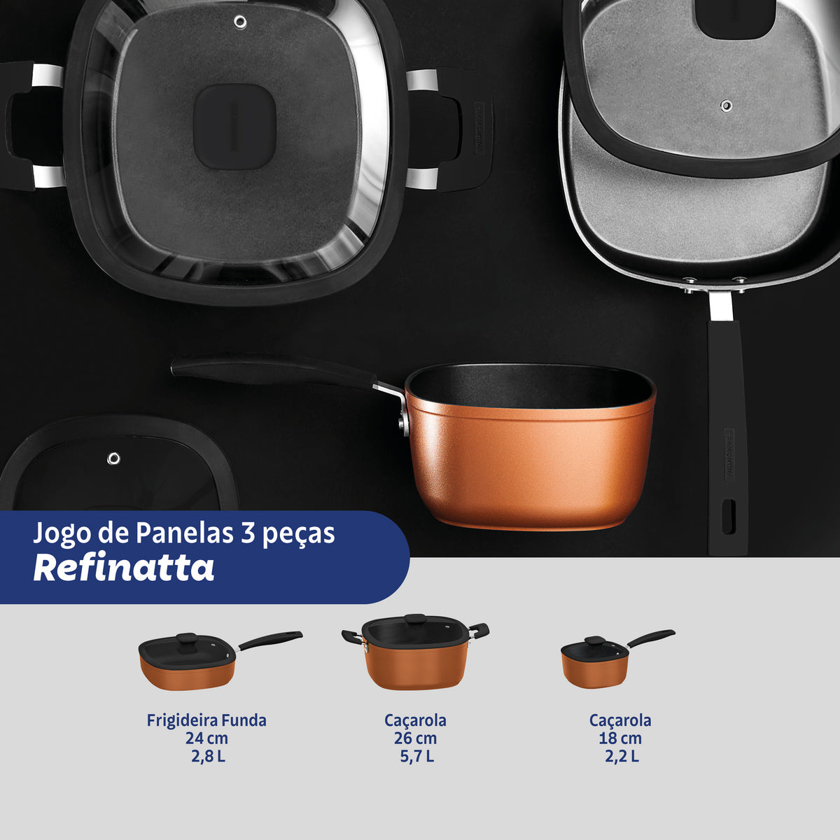 Jogo de Panelas Tramontina Refinatta em Alumínio com Revestimento Interno e Externo em Antiaderente Starflon Premium 03 Peças - Imagem 2