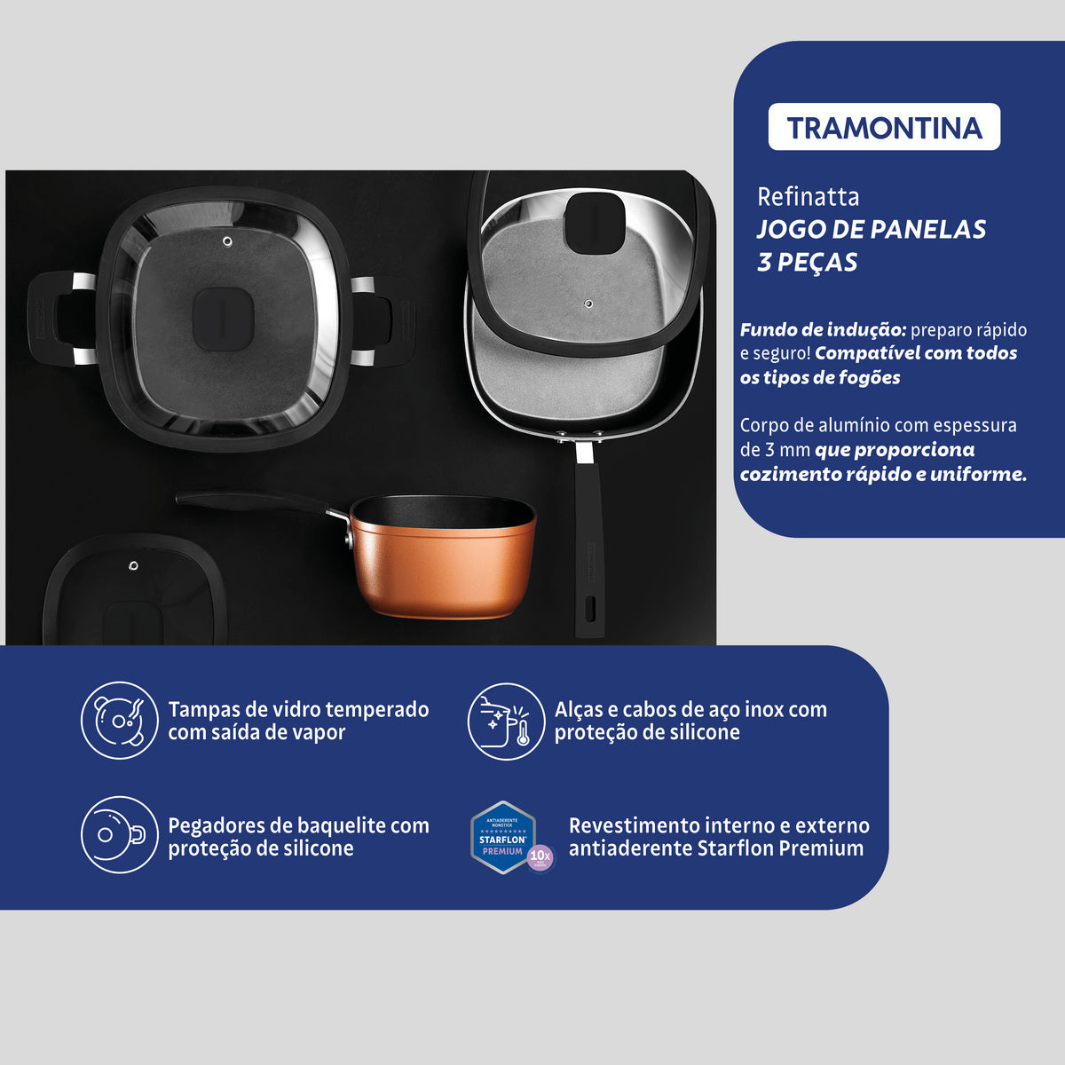 Jogo de Panelas Tramontina Refinatta em Alumínio com Revestimento Interno e Externo em Antiaderente Starflon Premium 03 Peças - Imagem 3