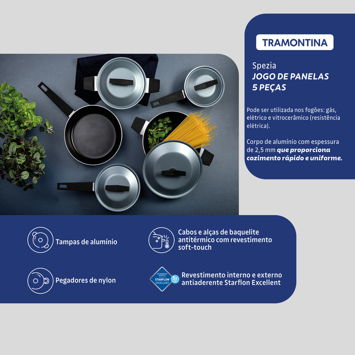 Jogo de Panelas Tramontina Spezia em Alumínio com Revestimento Interno e Externo em Antiaderente Starflon Excellent Azul Ardósia 5 Peças - Imagem 2