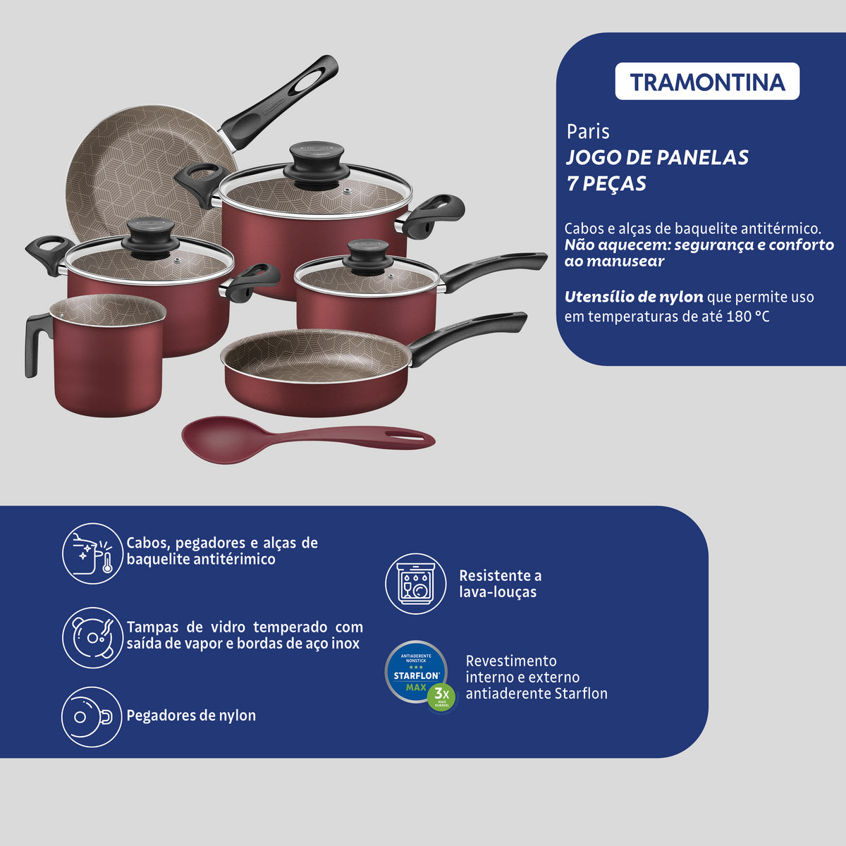 Jogo de Panelas Tramontina Paris em Alumínio com Revestimento Interno e Externo Antiaderente Starflon Max Vermelho 7 Peças - Imagem 2